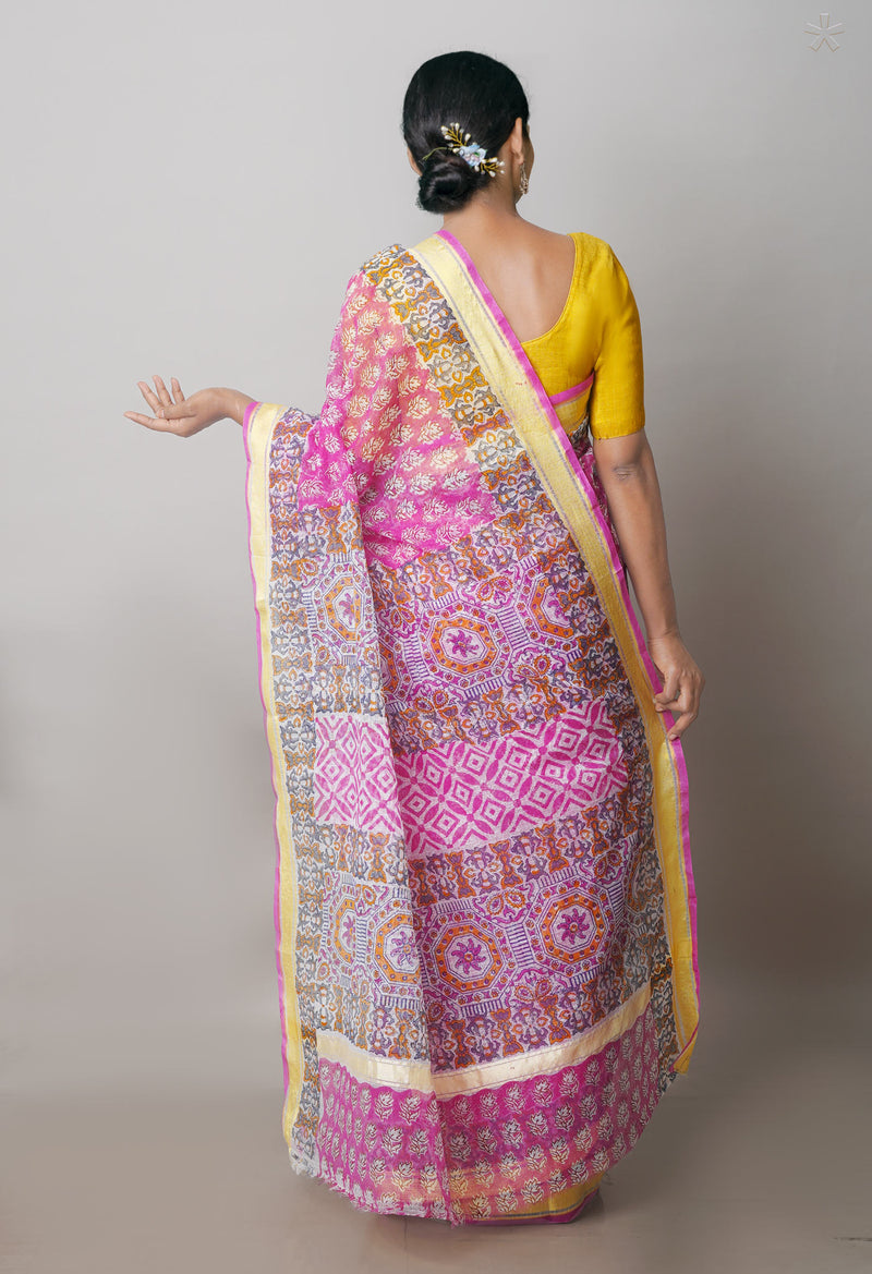Pink Pure Block Printed Kota Cotton Saree-UNM71473