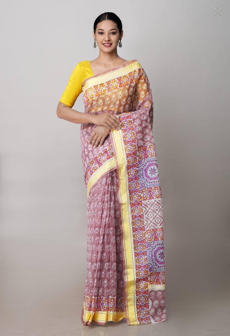 Chocolate Brown Pure Block Printed Kota Cotton Saree-UNM71474