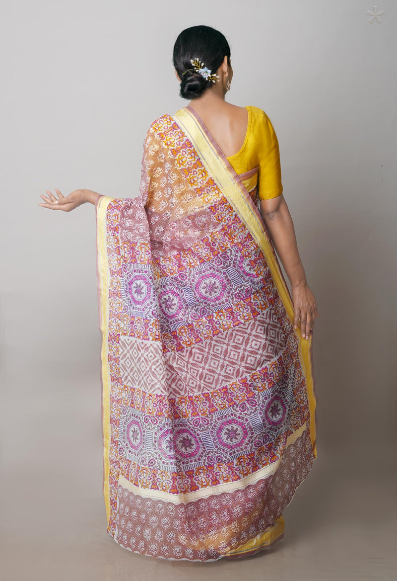 Chocolate Brown Pure Block Printed Kota Cotton Saree-UNM71474