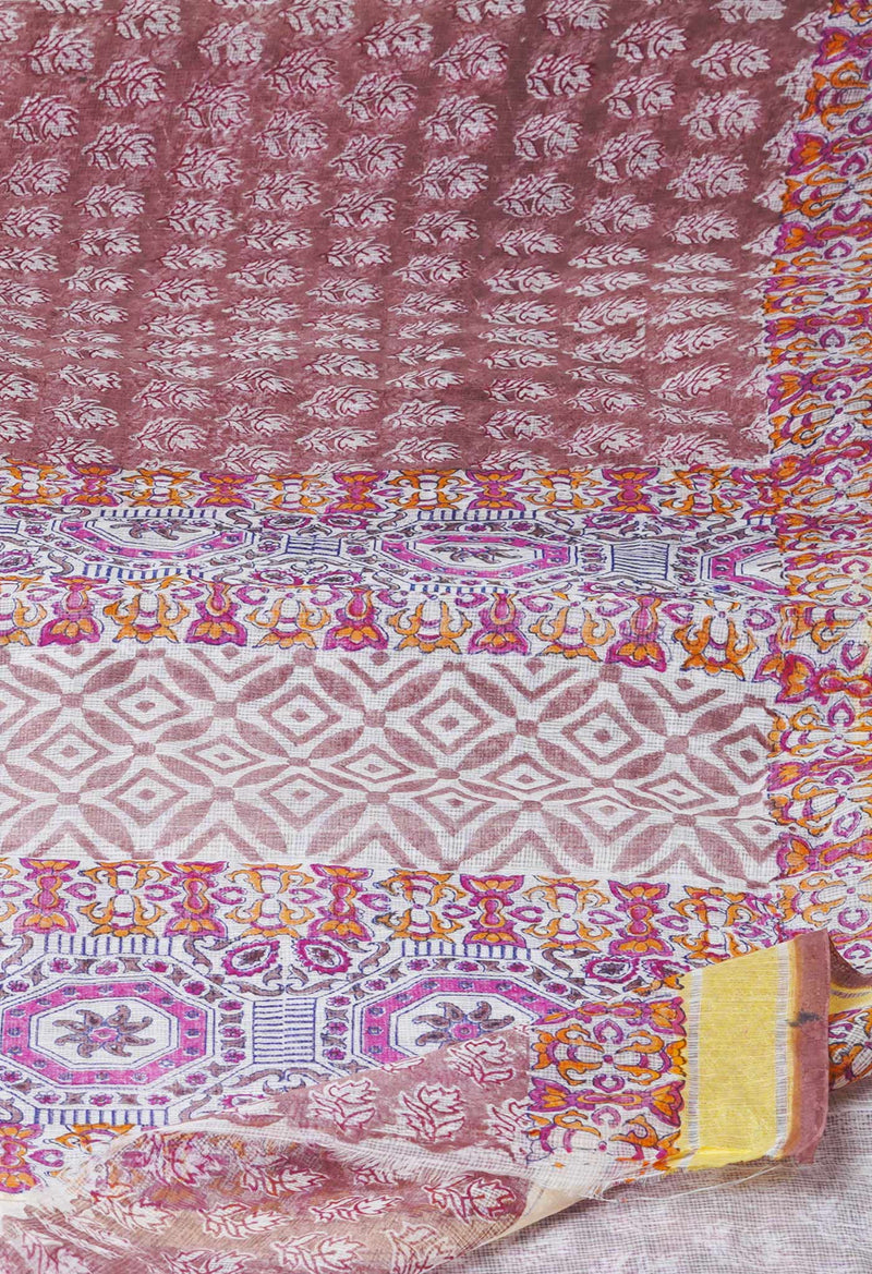 Chocolate Brown Pure Block Printed Kota Cotton Saree-UNM71474