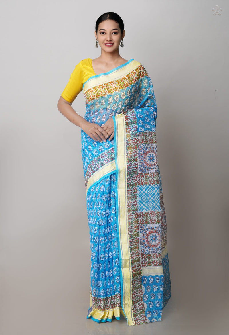 Blue Pure Block Printed Kota Cotton Saree-UNM71475