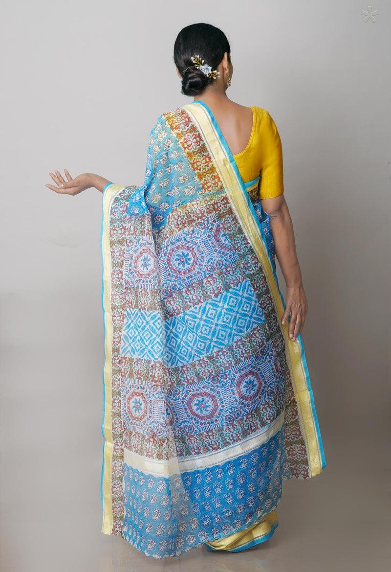 Blue Pure Block Printed Kota Cotton Saree-UNM71475