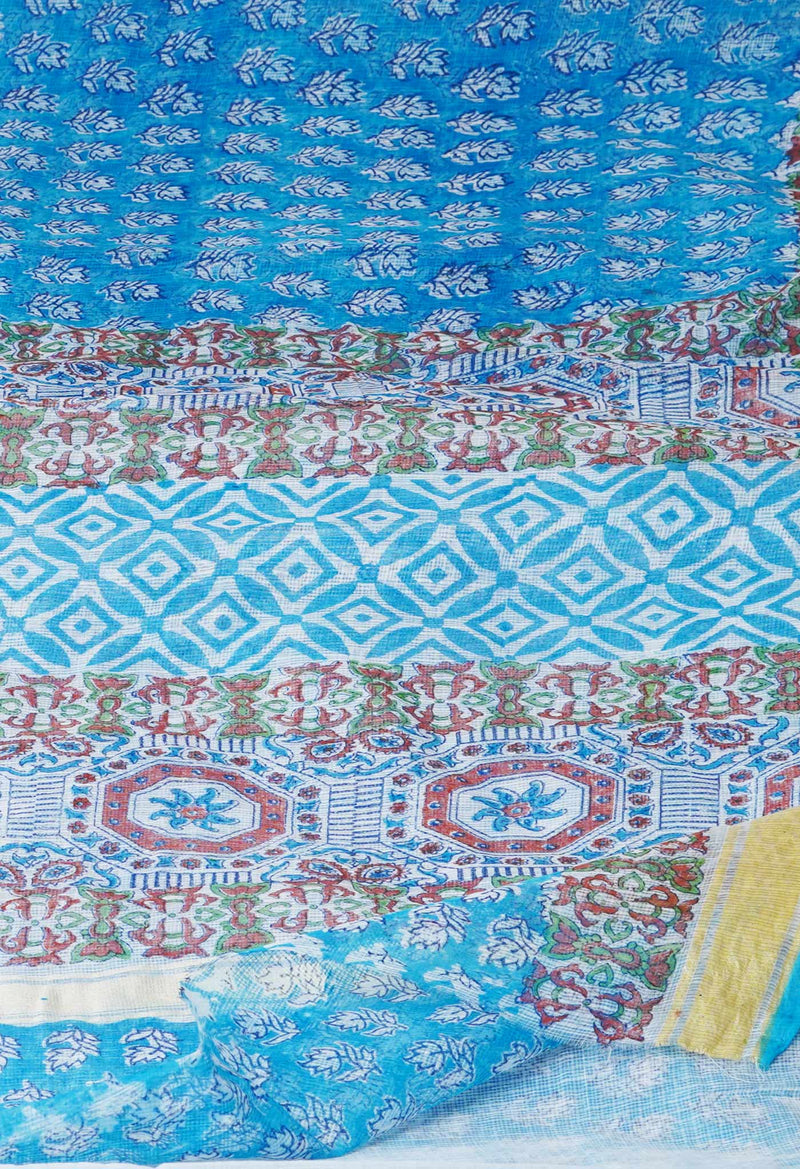 Blue Pure Block Printed Kota Cotton Saree-UNM71475