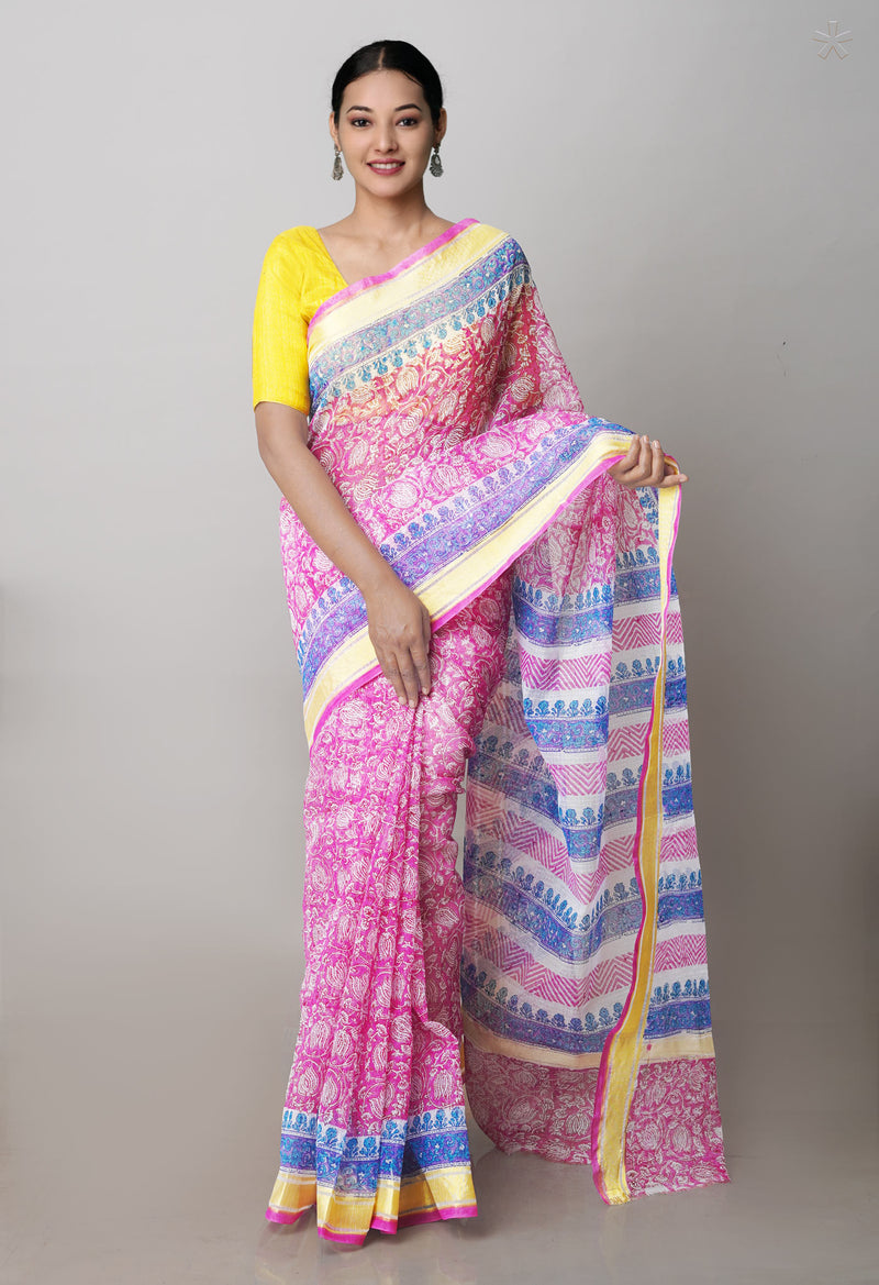 Pink Pure Block Printed Kota Cotton Saree-UNM71477