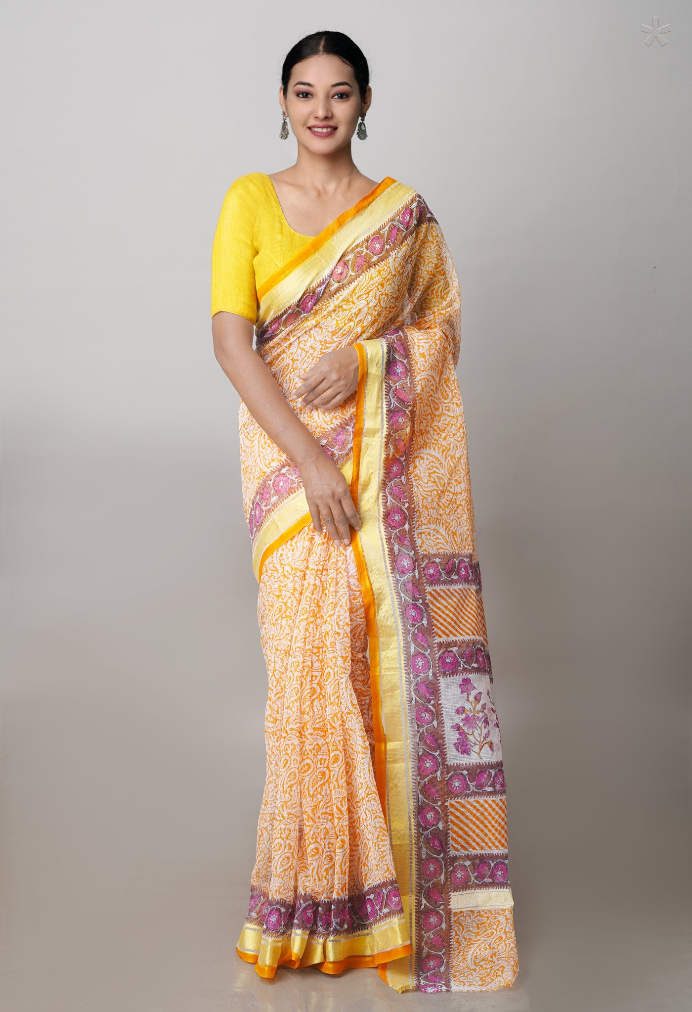 Orange Pure Block Printed Kota Cotton Saree-UNM71479