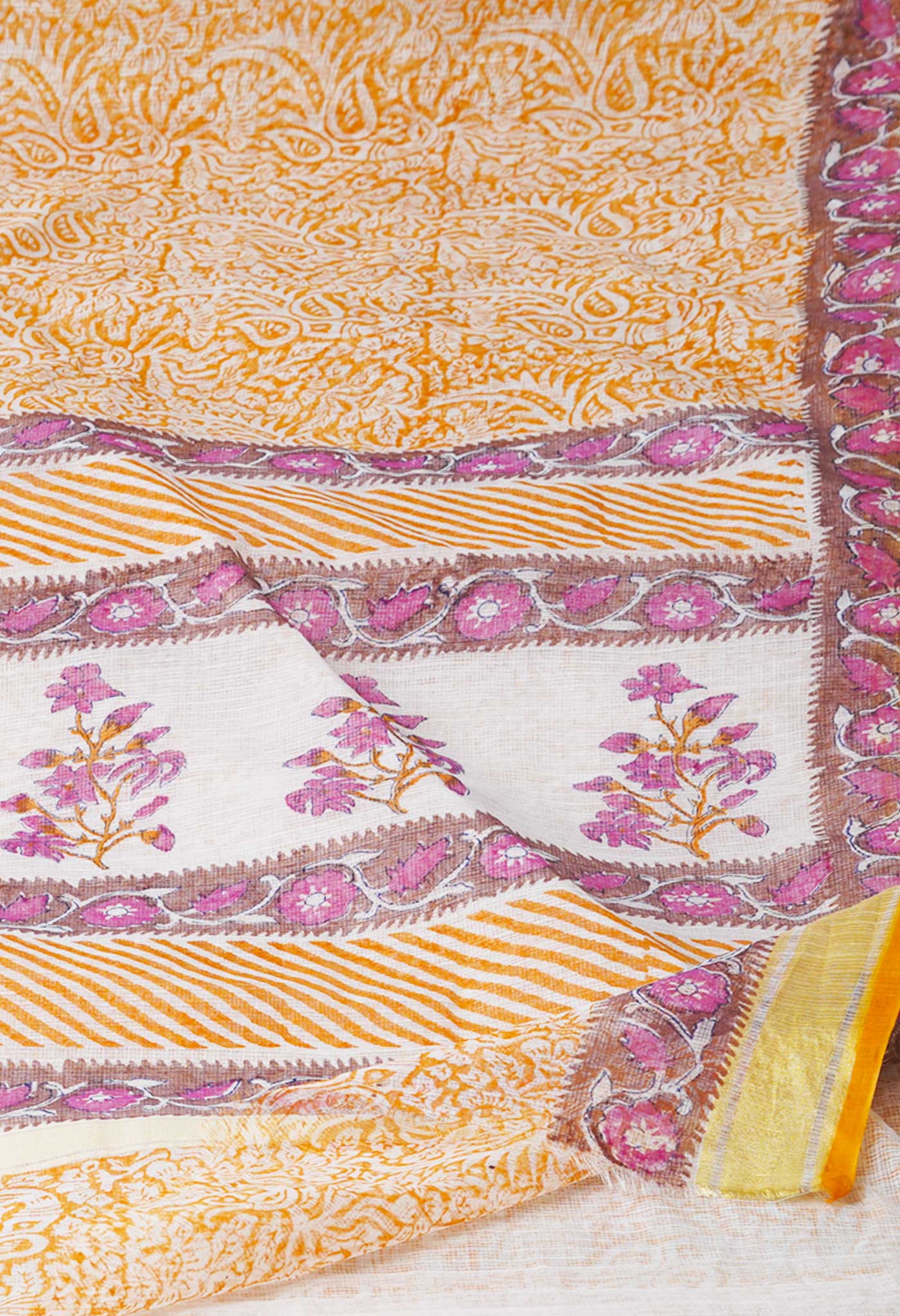Orange Pure Block Printed Kota Cotton Saree-UNM71479
