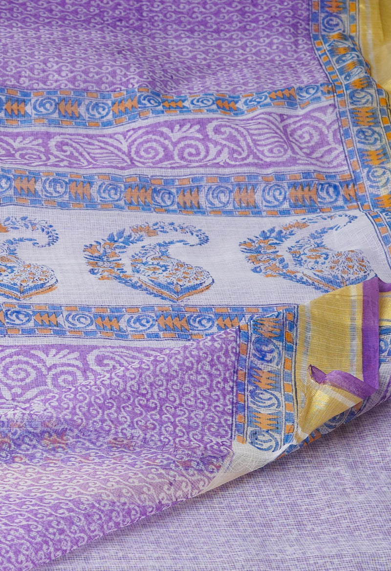 Purple Pure Block Printed Kota Cotton Saree-UNM71482