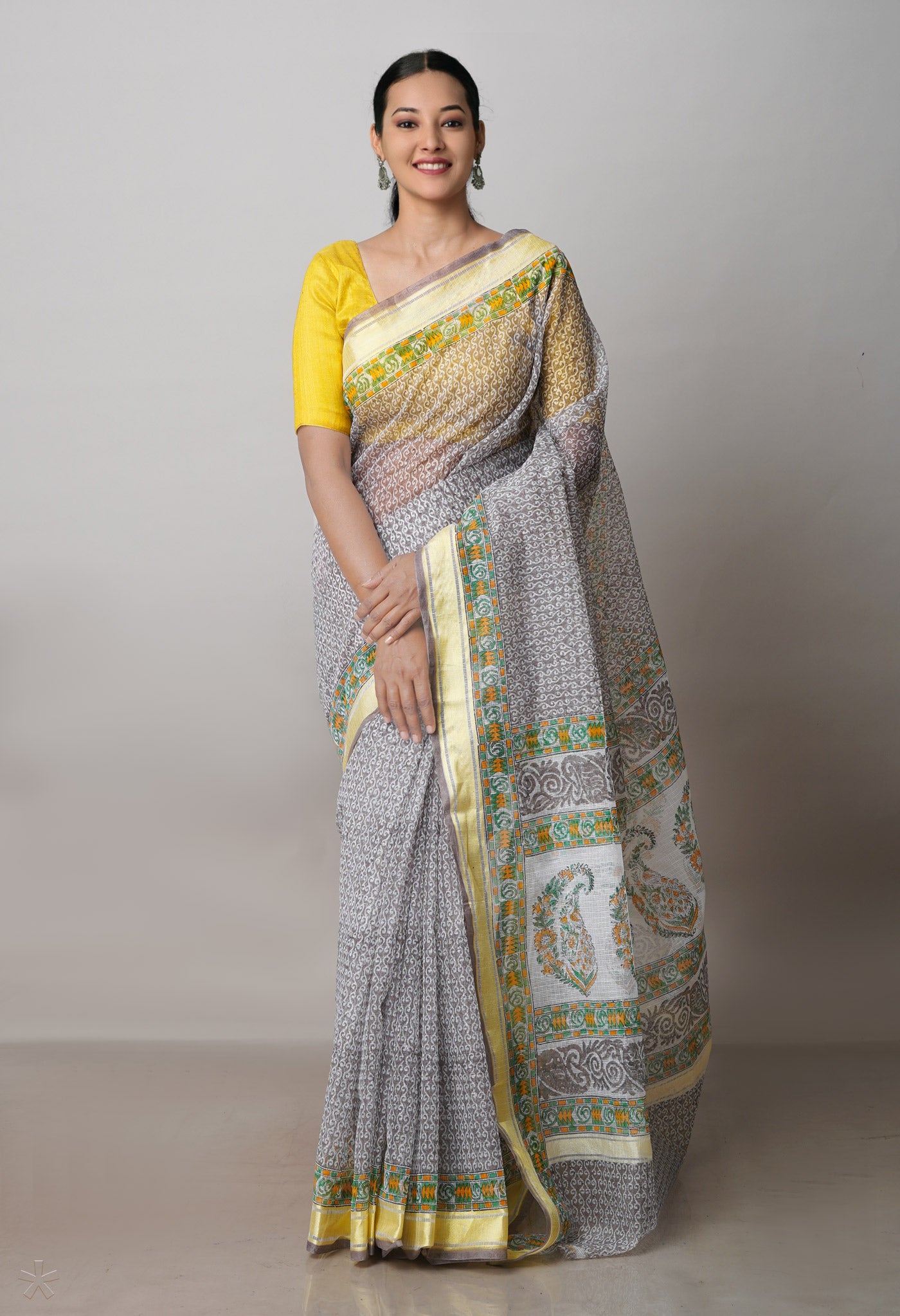 Grey Pure Block Printed Kota Cotton Saree-UNM71483
