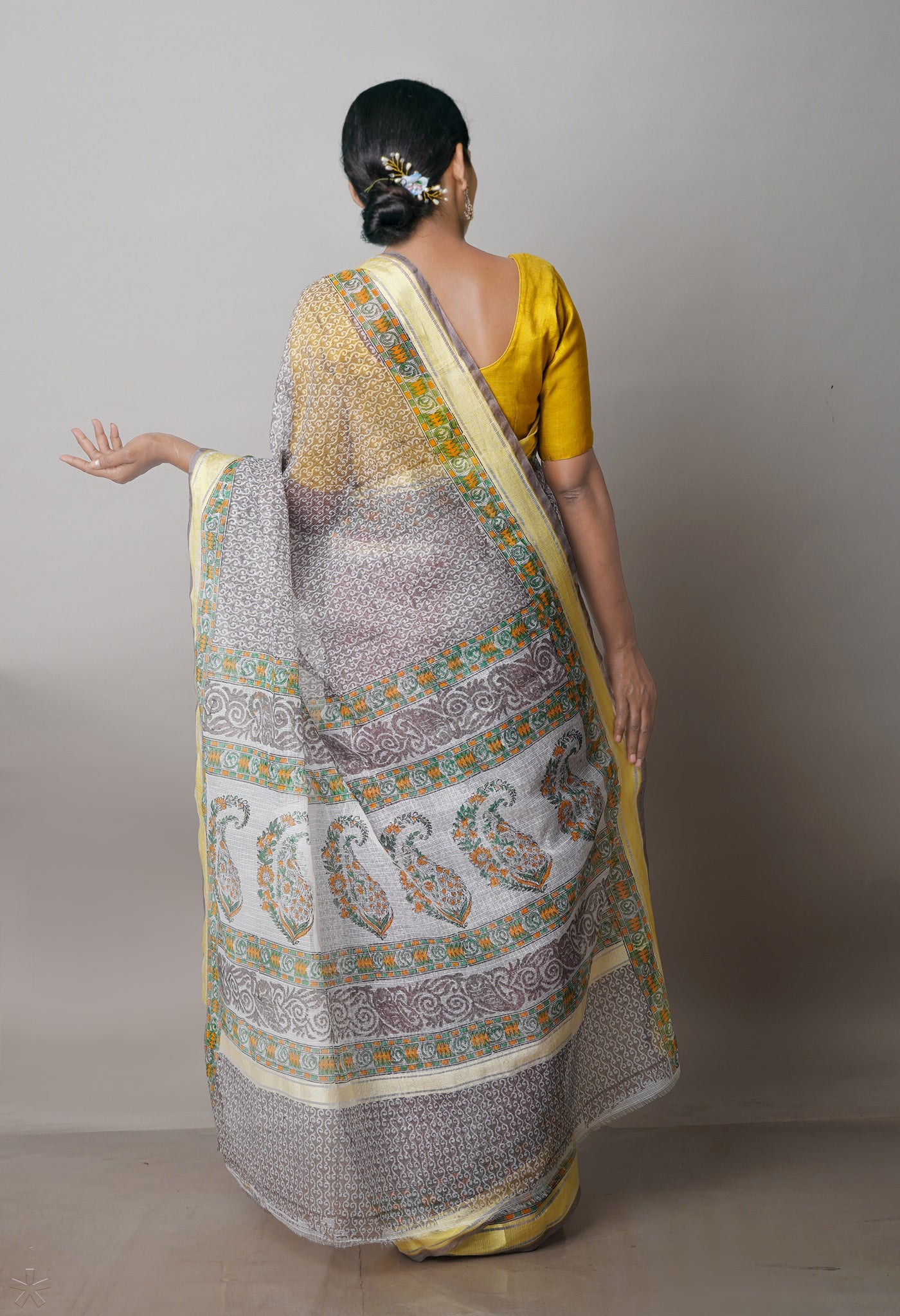 Grey Pure Block Printed Kota Cotton Saree-UNM71483