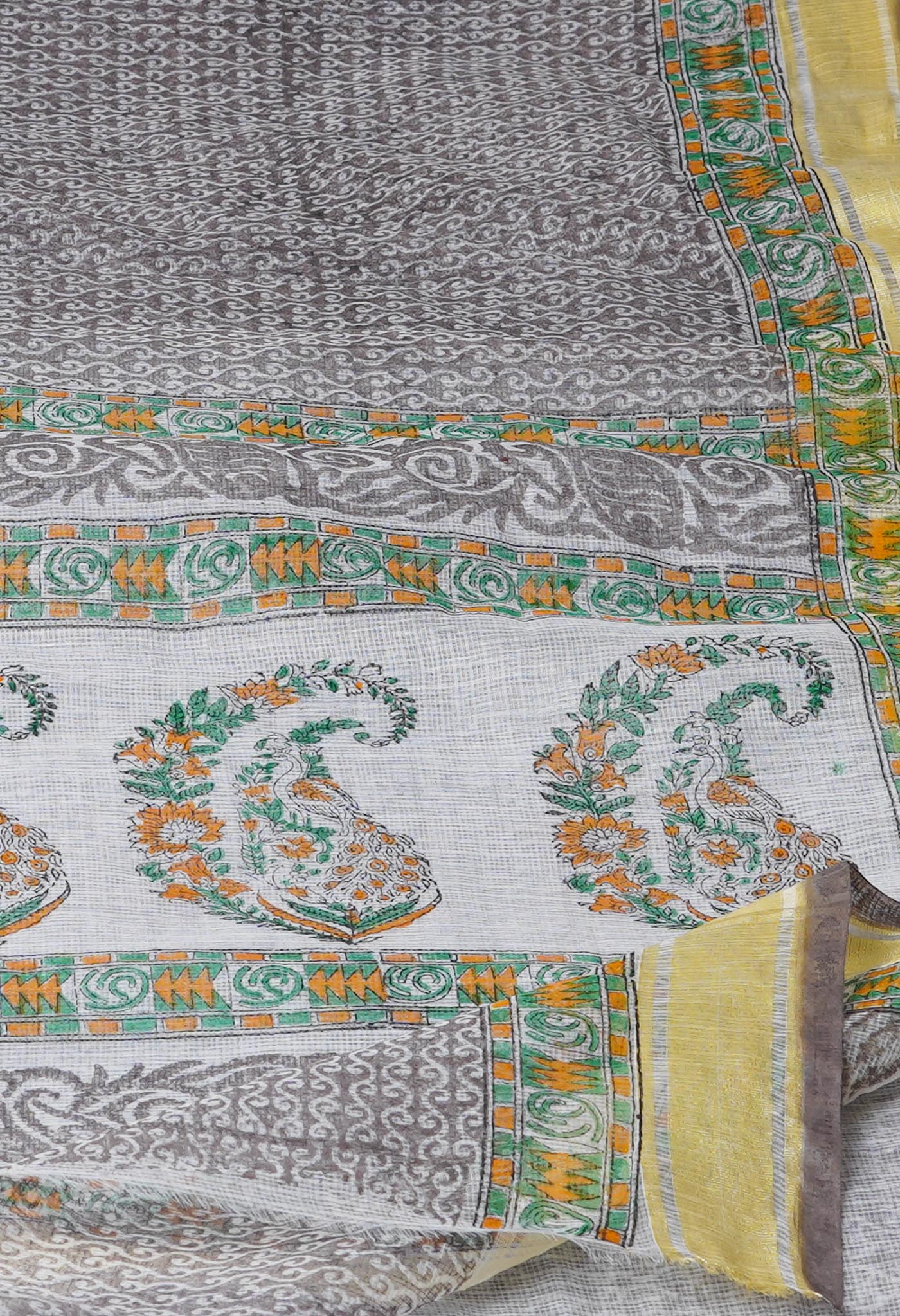 Grey Pure Block Printed Kota Cotton Saree-UNM71483