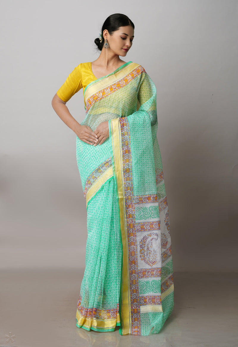 Green Pure Block Printed Kota Cotton Saree-UNM71484