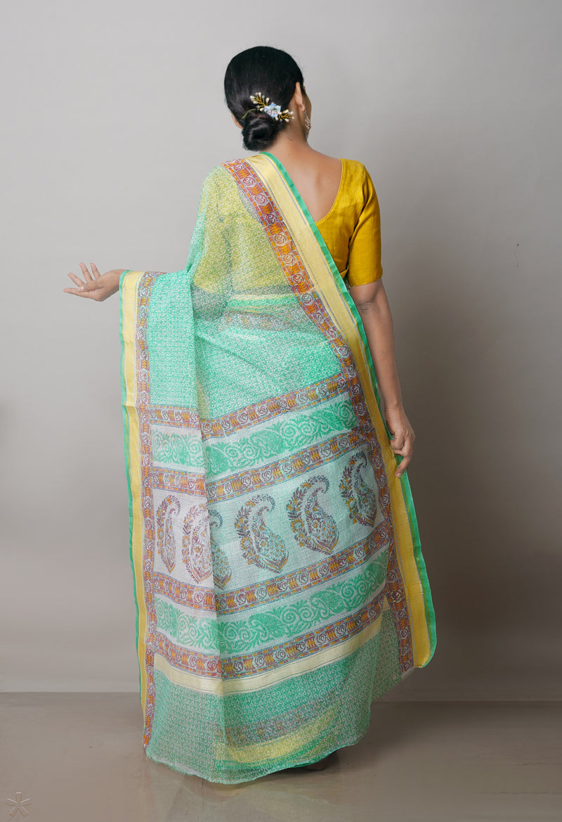 Green Pure Block Printed Kota Cotton Saree-UNM71484