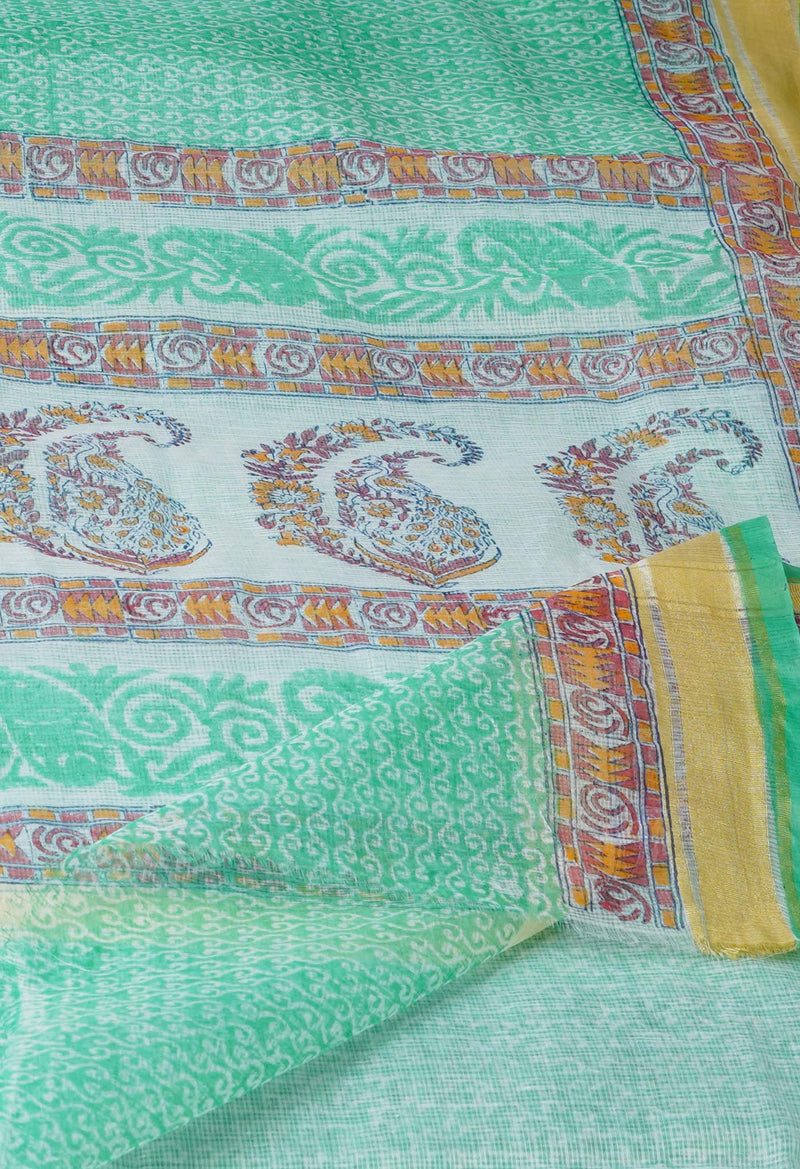 Green Pure Block Printed Kota Cotton Saree-UNM71484
