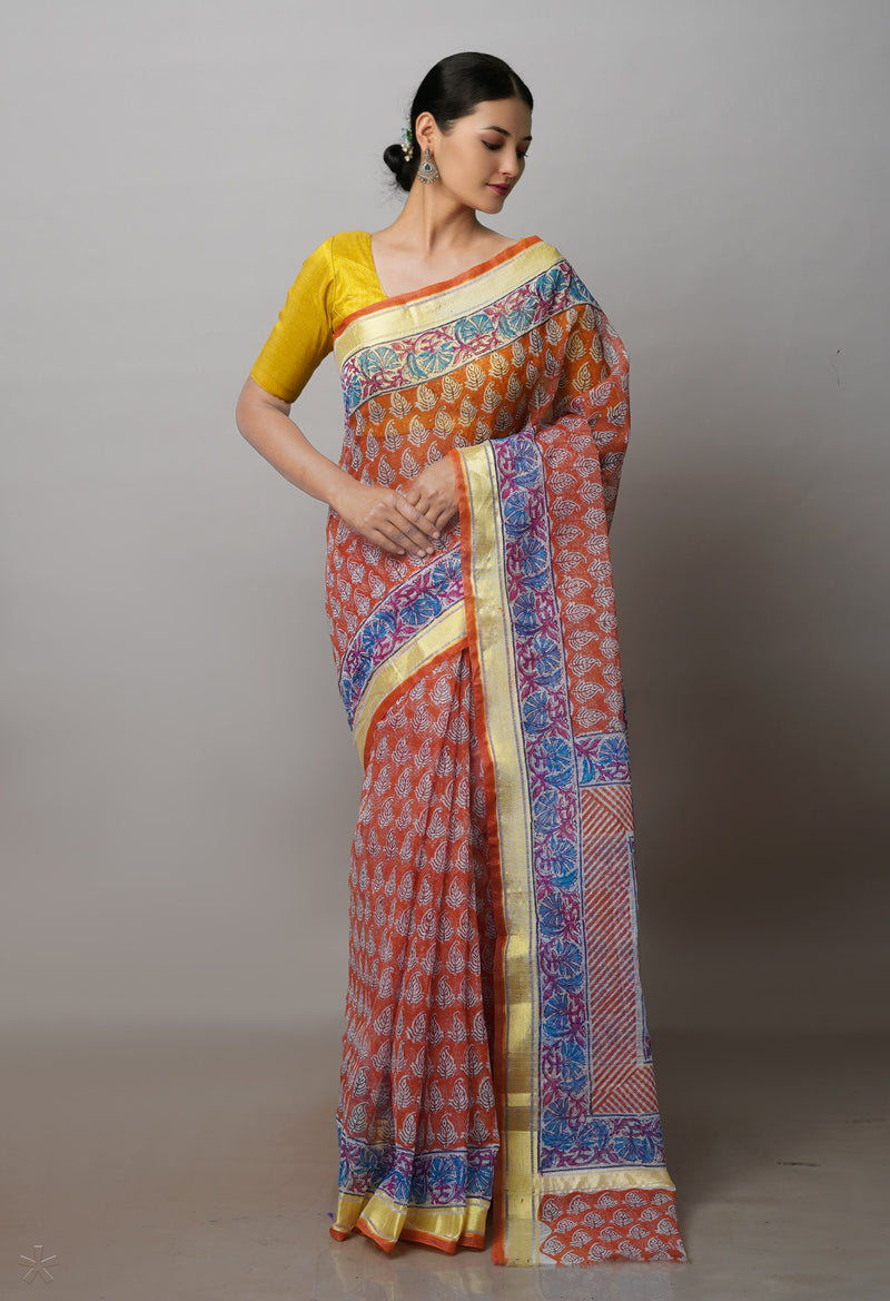 Rust Orange Pure Block Printed Kota Cotton Saree-UNM71486