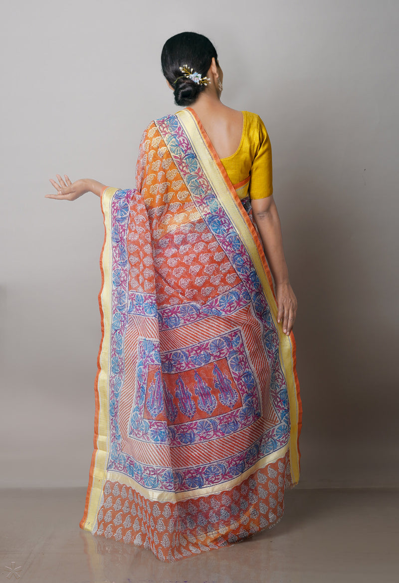 Rust Orange Pure Block Printed Kota Cotton Saree-UNM71486
