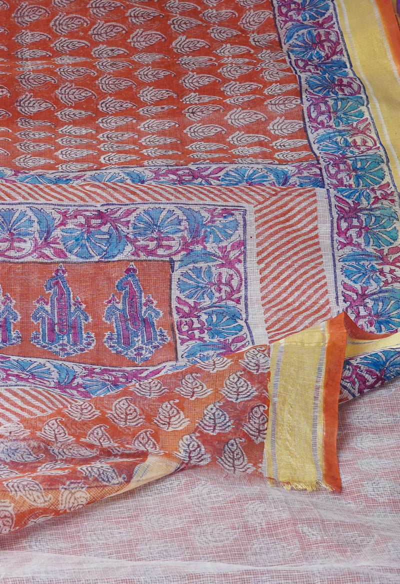 Rust Orange Pure Block Printed Kota Cotton Saree-UNM71486