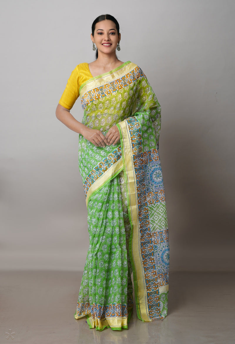 Green Pure Block Printed Kota Cotton Saree-UNM71487