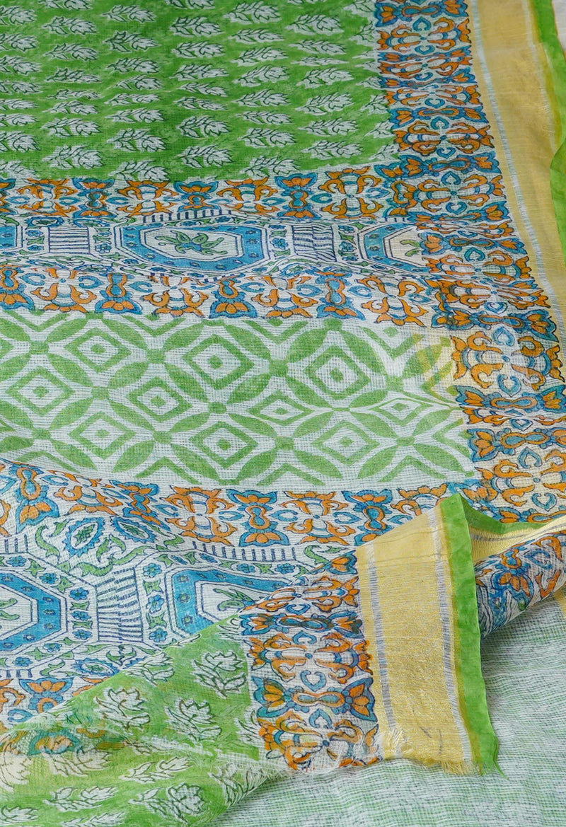 Green Pure Block Printed Kota Cotton Saree-UNM71487