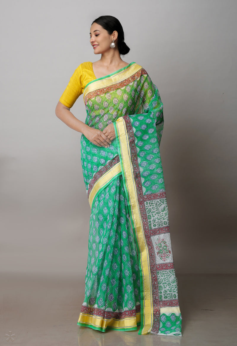 Green Pure Block Printed Kota Cotton Saree-UNM71489