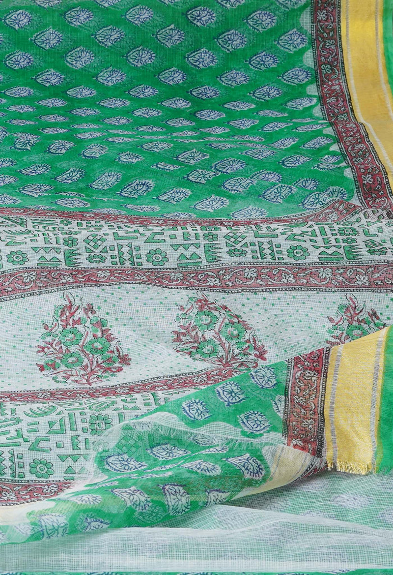 Green Pure Block Printed Kota Cotton Saree-UNM71489