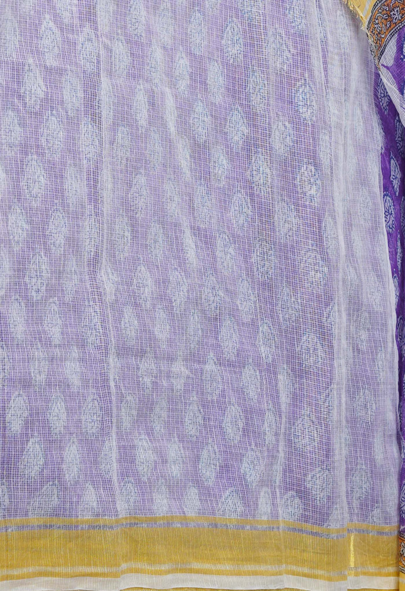 Purple Pure Block Printed Kota Cotton Saree-UNM71490