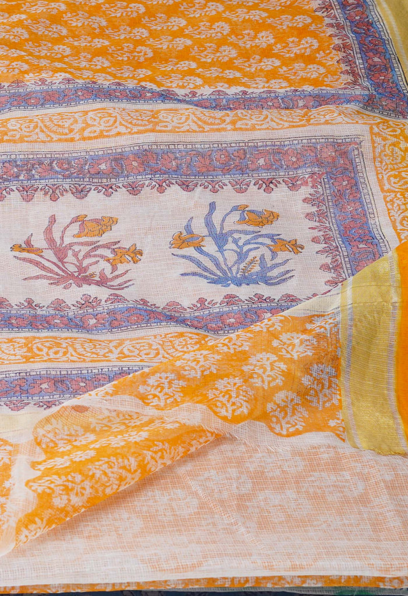Orange Pure Block Printed Kota Cotton Saree-UNM71491