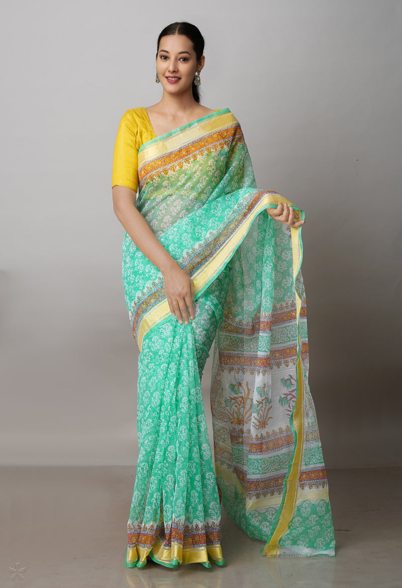 Green Pure Block Printed Kota Cotton Saree-UNM71494