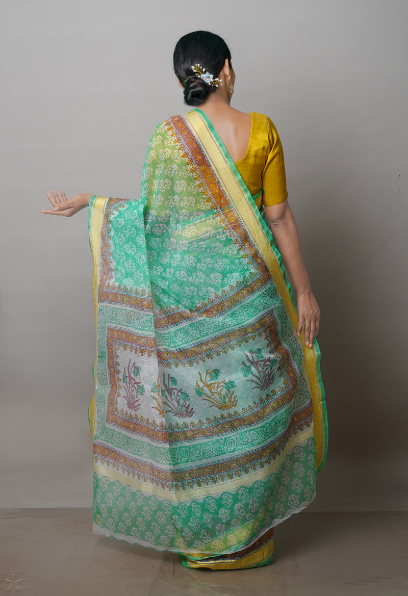 Green Pure Block Printed Kota Cotton Saree-UNM71494