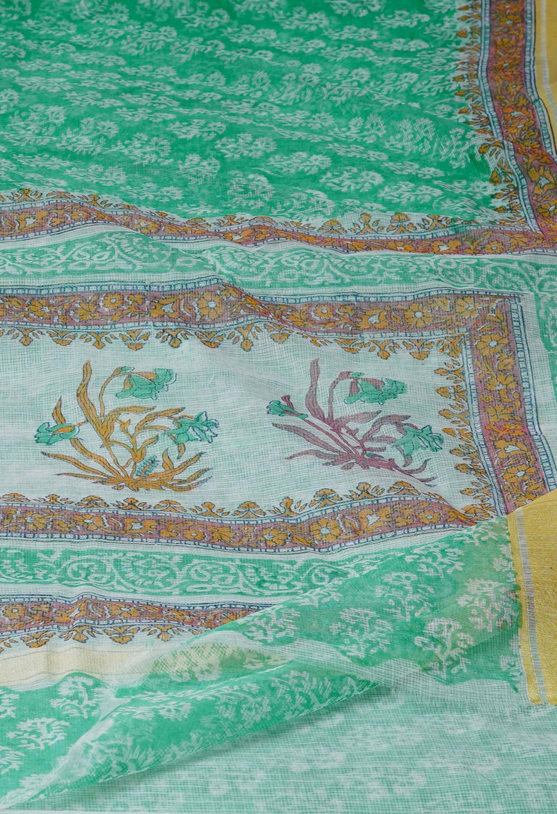 Green Pure Block Printed Kota Cotton Saree-UNM71494