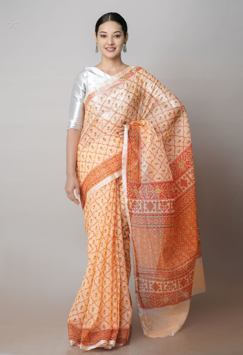 Peach Orange Pure Patola Printed Kota Cotton Saree-UNM71519