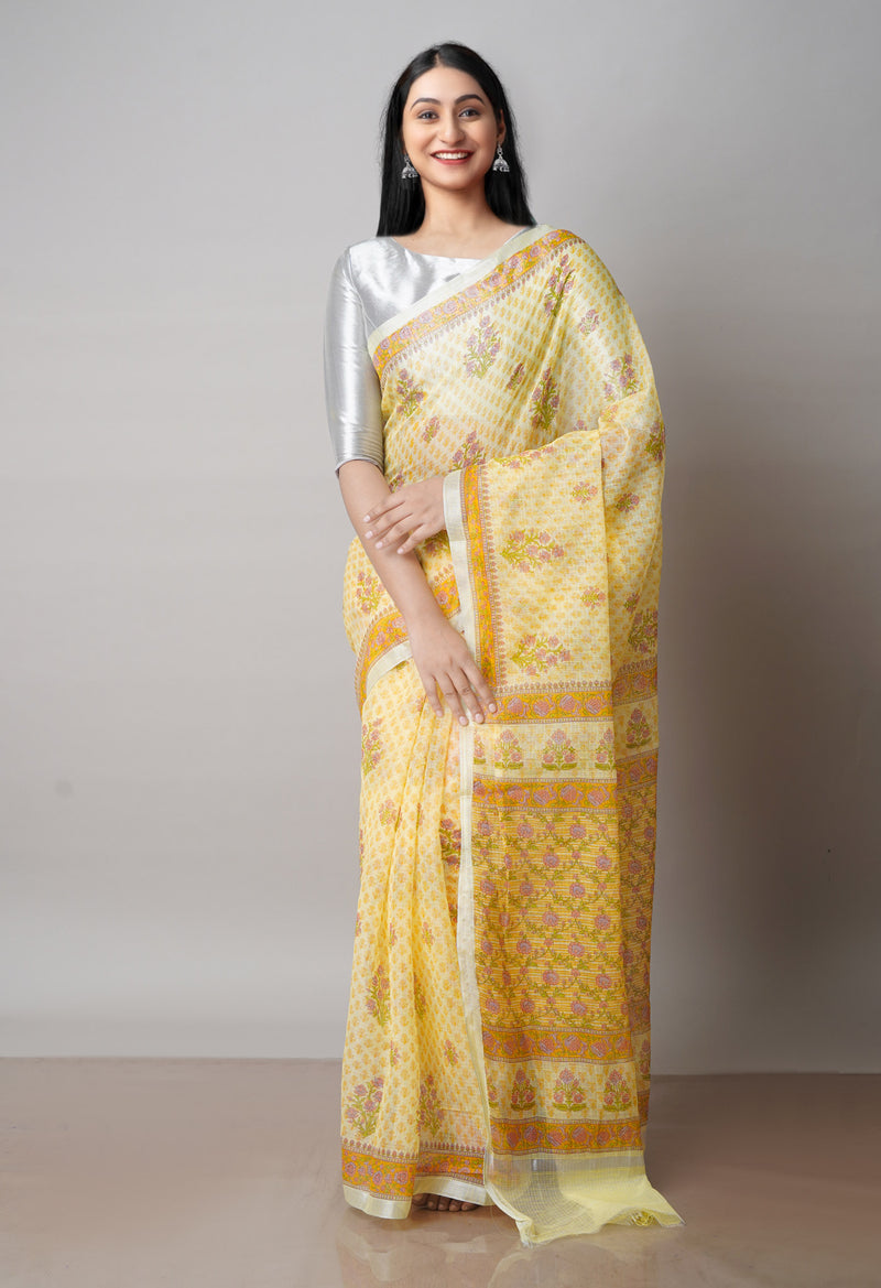 Light Yellow Pure Block Printed Kota Cotton Saree-UNM71534