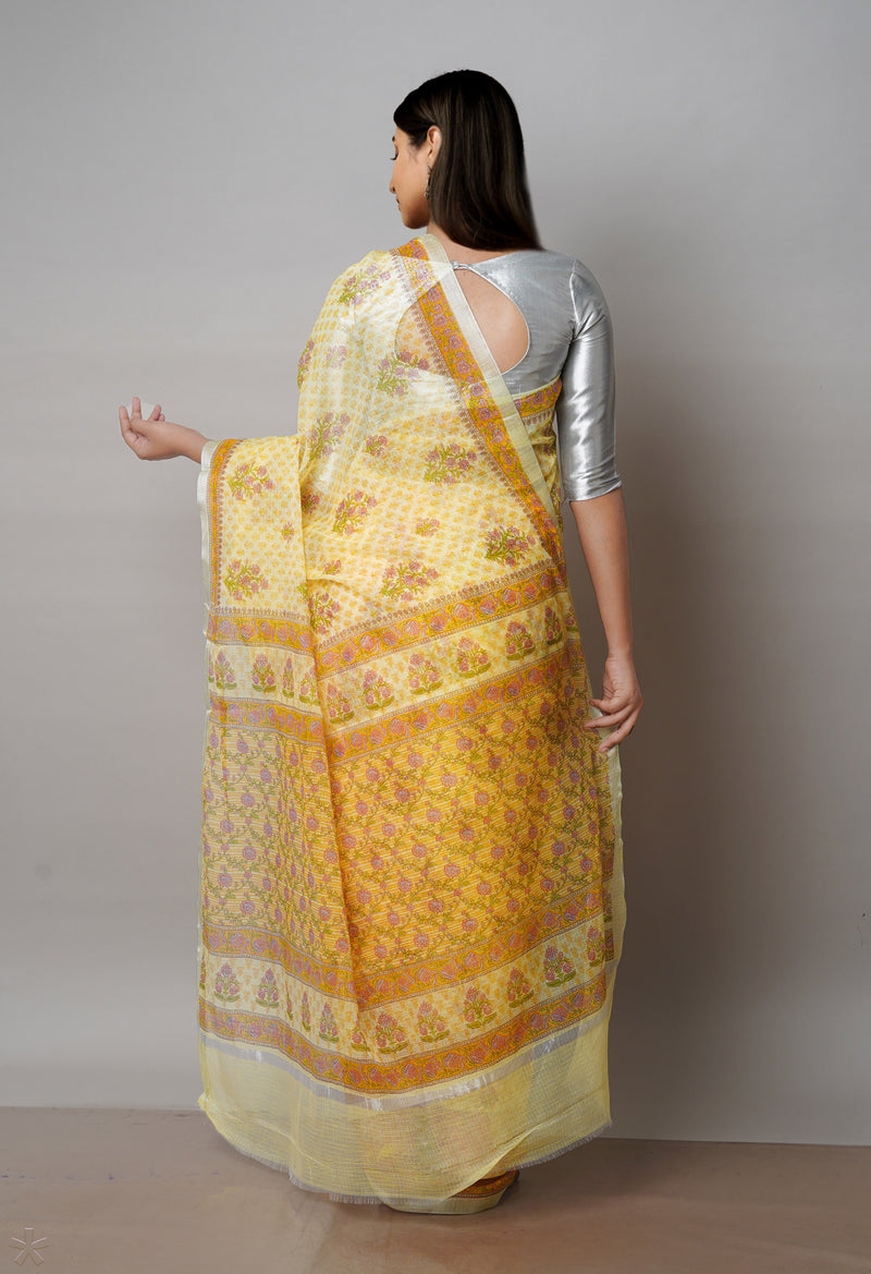 Light Yellow Pure Block Printed Kota Cotton Saree-UNM71534