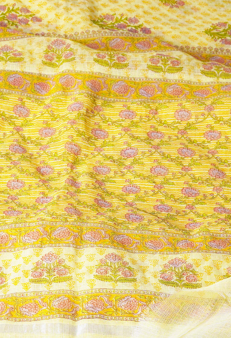 Light Yellow Pure Block Printed Kota Cotton Saree-UNM71534