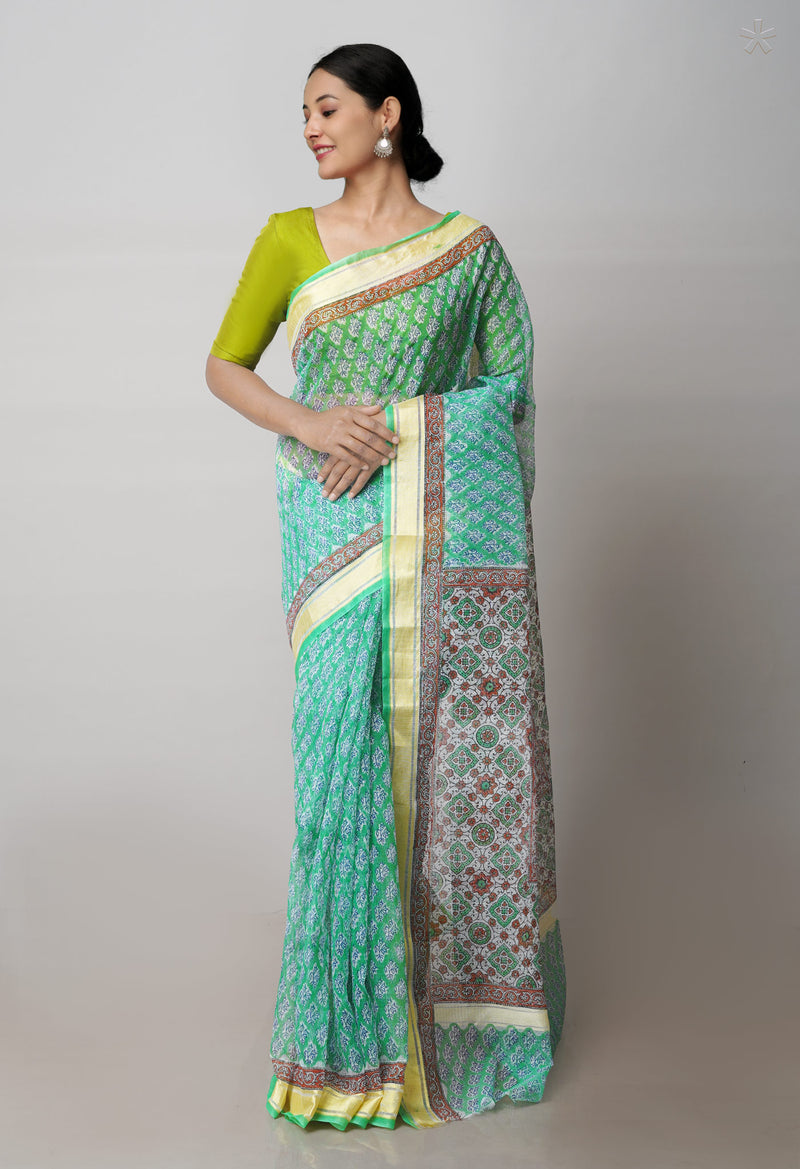 Green Pure Block Printed Kota Cotton Saree-UNM71540