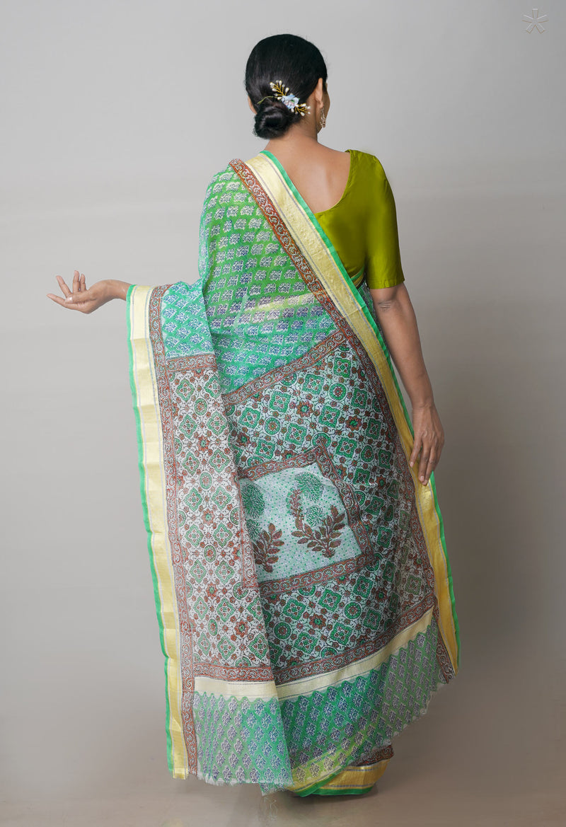 Green Pure Block Printed Kota Cotton Saree-UNM71540