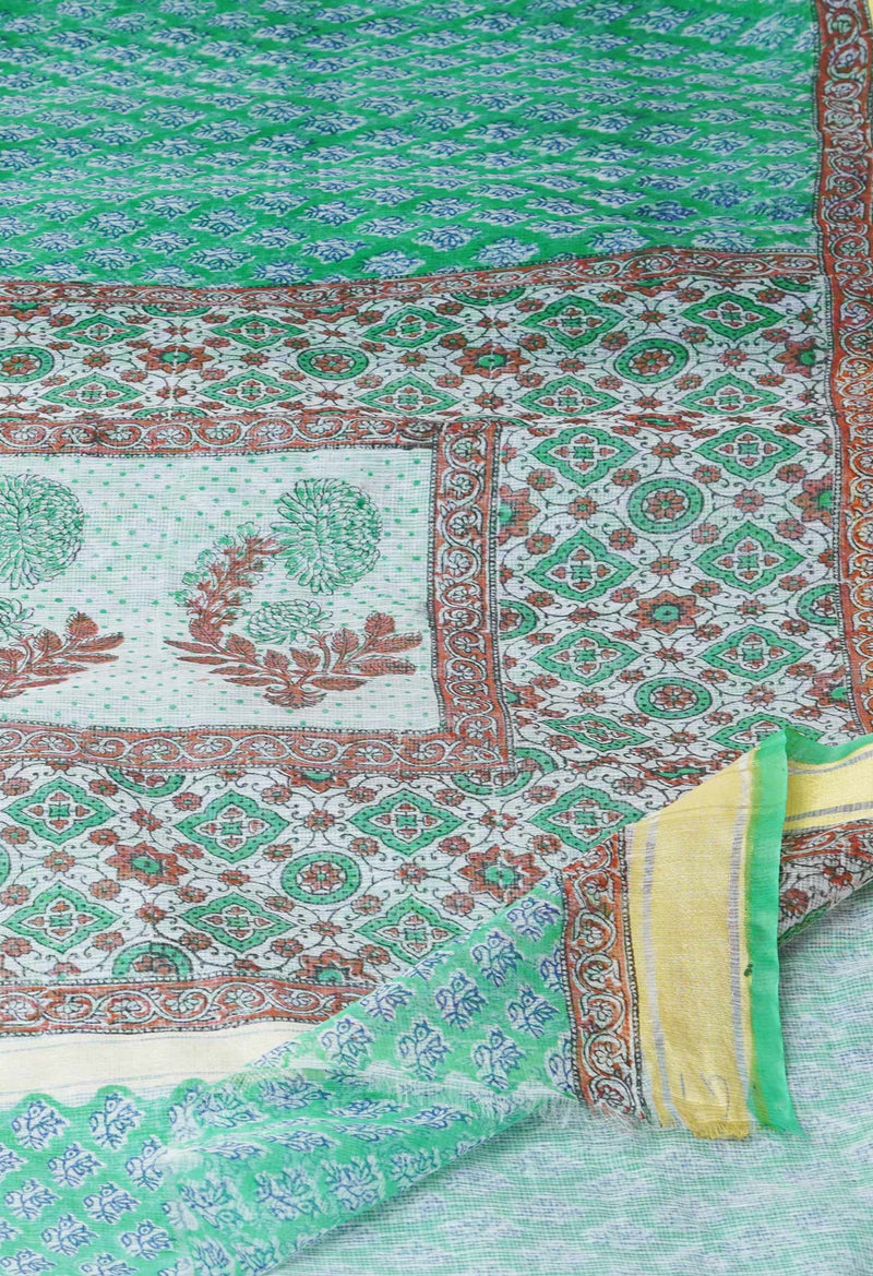 Green Pure Block Printed Kota Cotton Saree-UNM71540