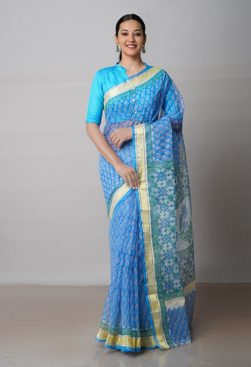 Blue Pure Block Printed Kota Cotton Saree-UNM71541