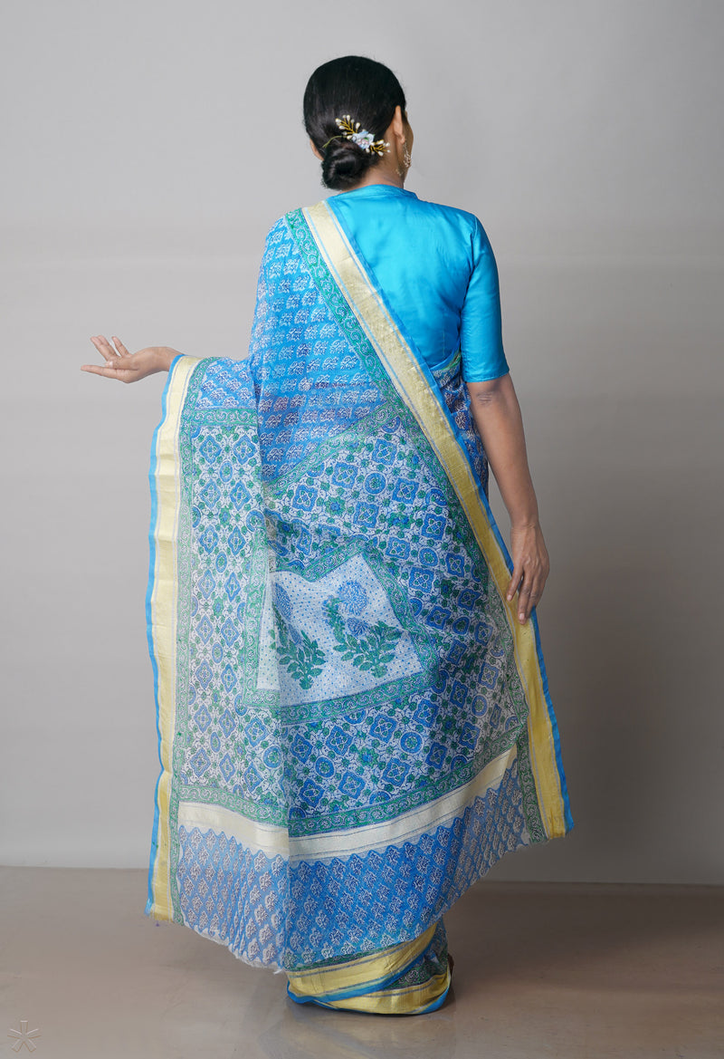 Blue Pure Block Printed Kota Cotton Saree-UNM71541