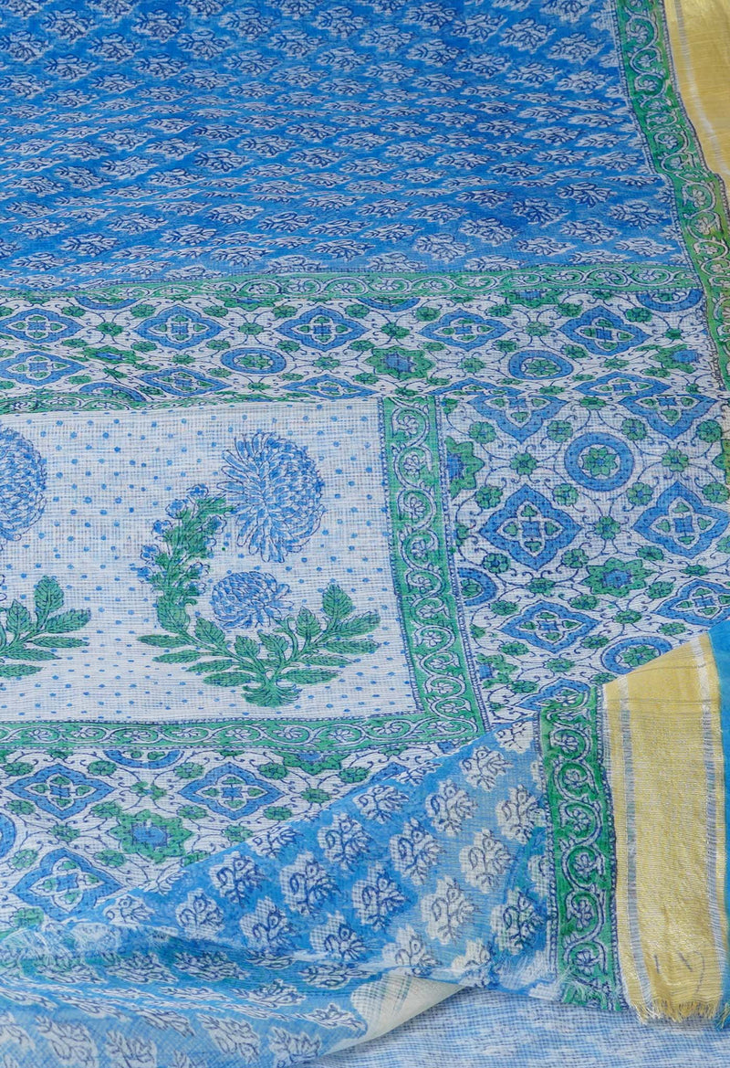 Blue Pure Block Printed Kota Cotton Saree-UNM71541