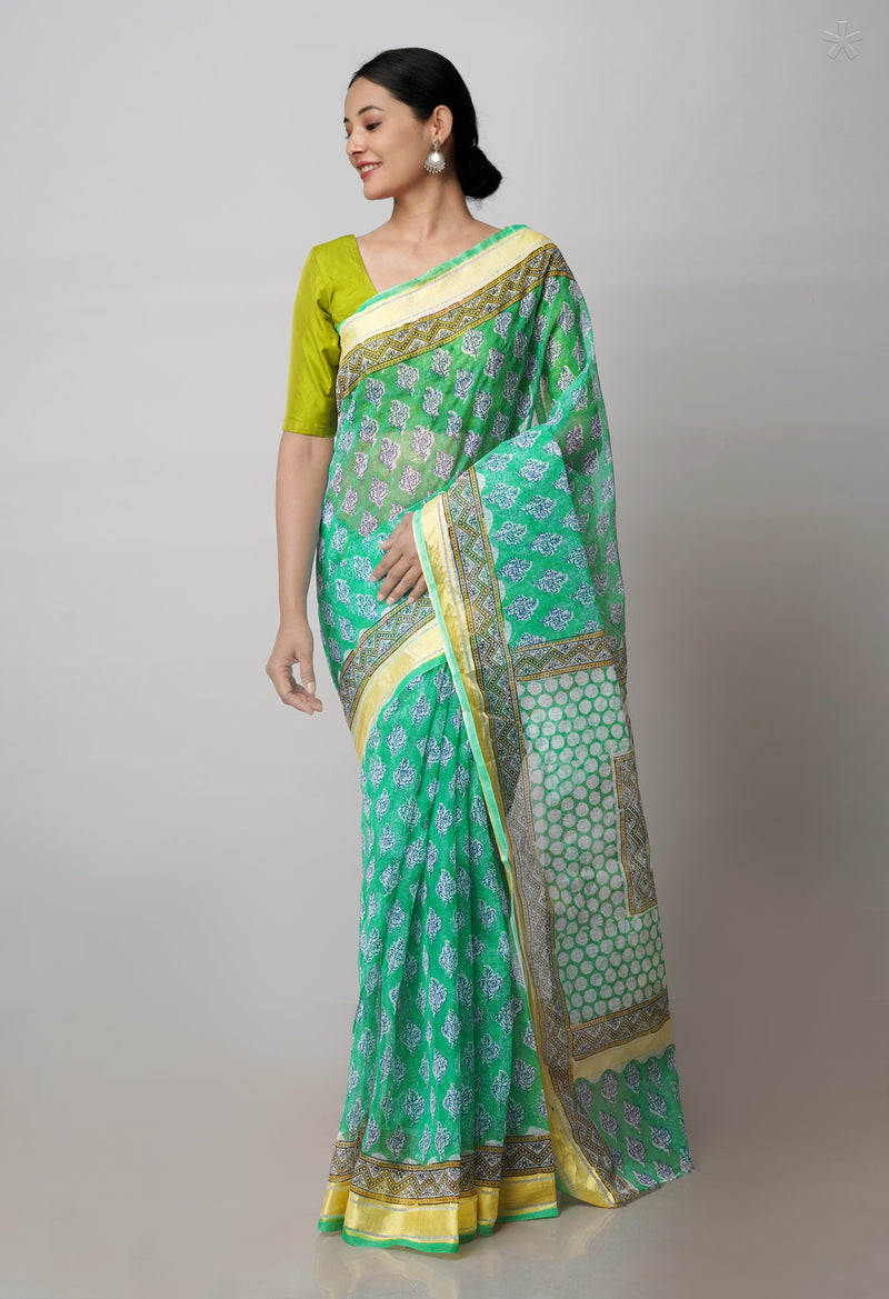 Green Pure Block Printed Kota Cotton Saree-UNM71542