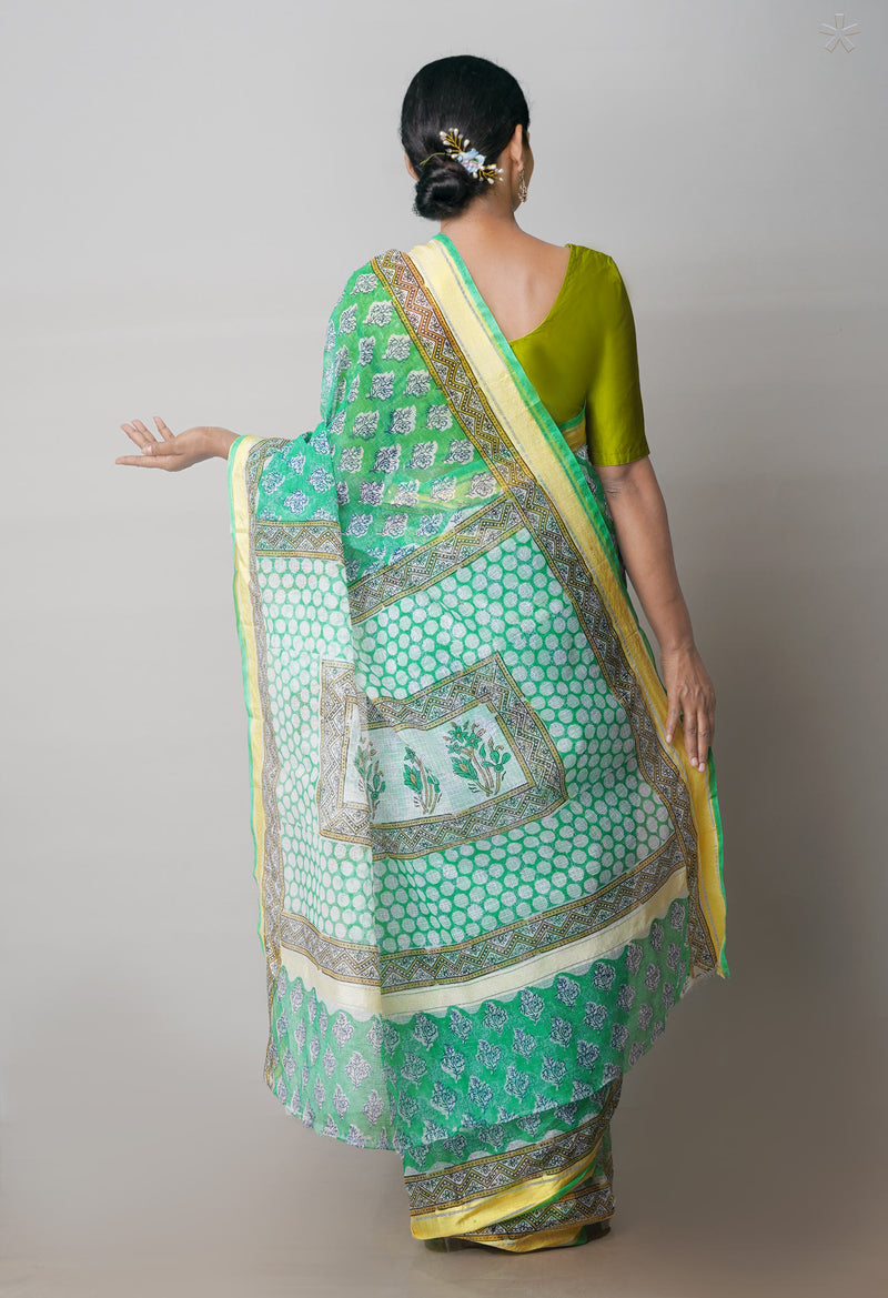 Green Pure Block Printed Kota Cotton Saree-UNM71542