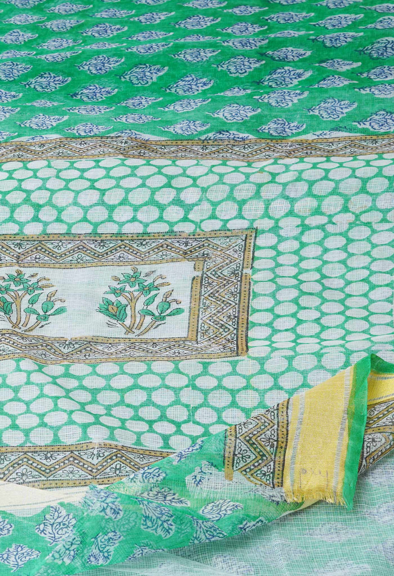 Green Pure Block Printed Kota Cotton Saree-UNM71542