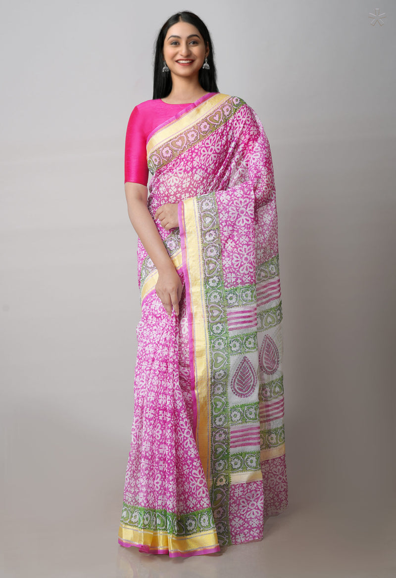 Pink Pure Block Printed Kota Cotton Saree-UNM71543