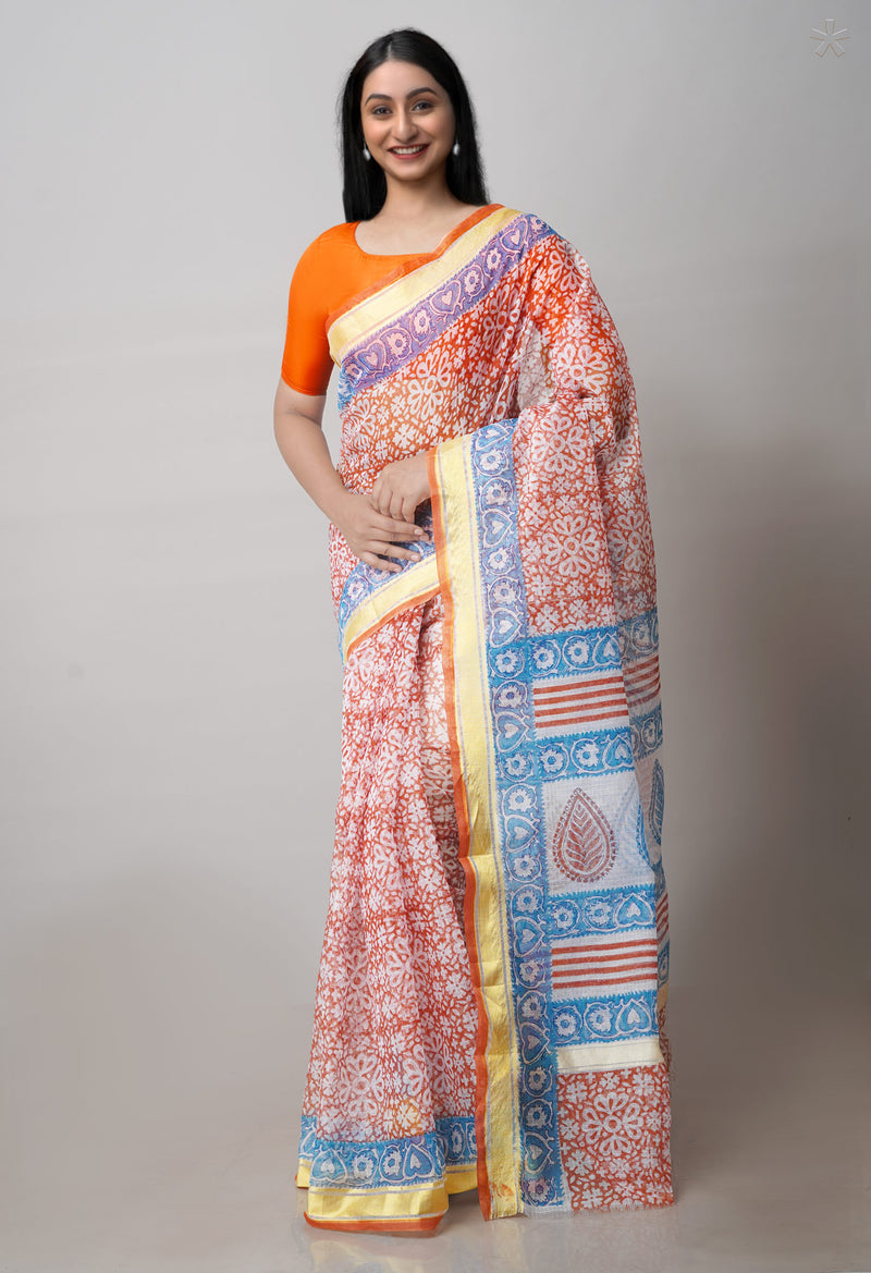 Rust Orange Pure Block Printed Kota Cotton Saree-UNM71544