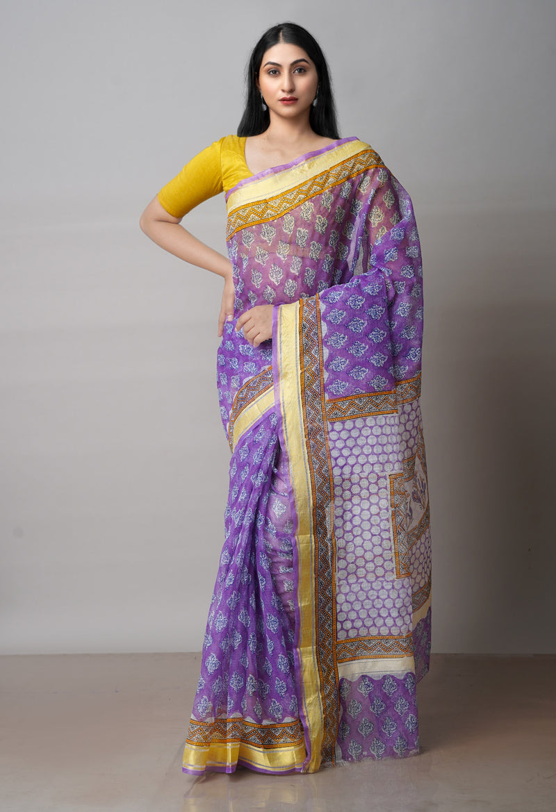Purple Pure Block Printed Kota Cotton Saree-UNM71546