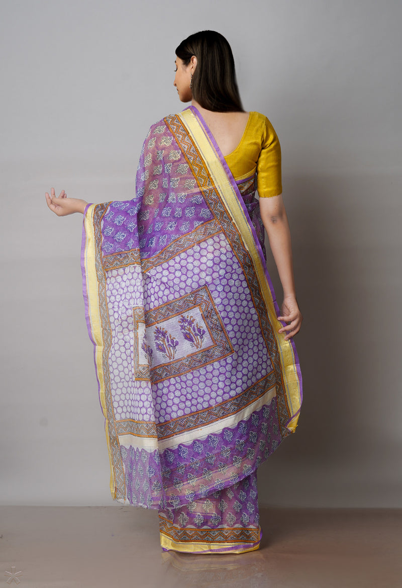 Purple Pure Block Printed Kota Cotton Saree-UNM71546