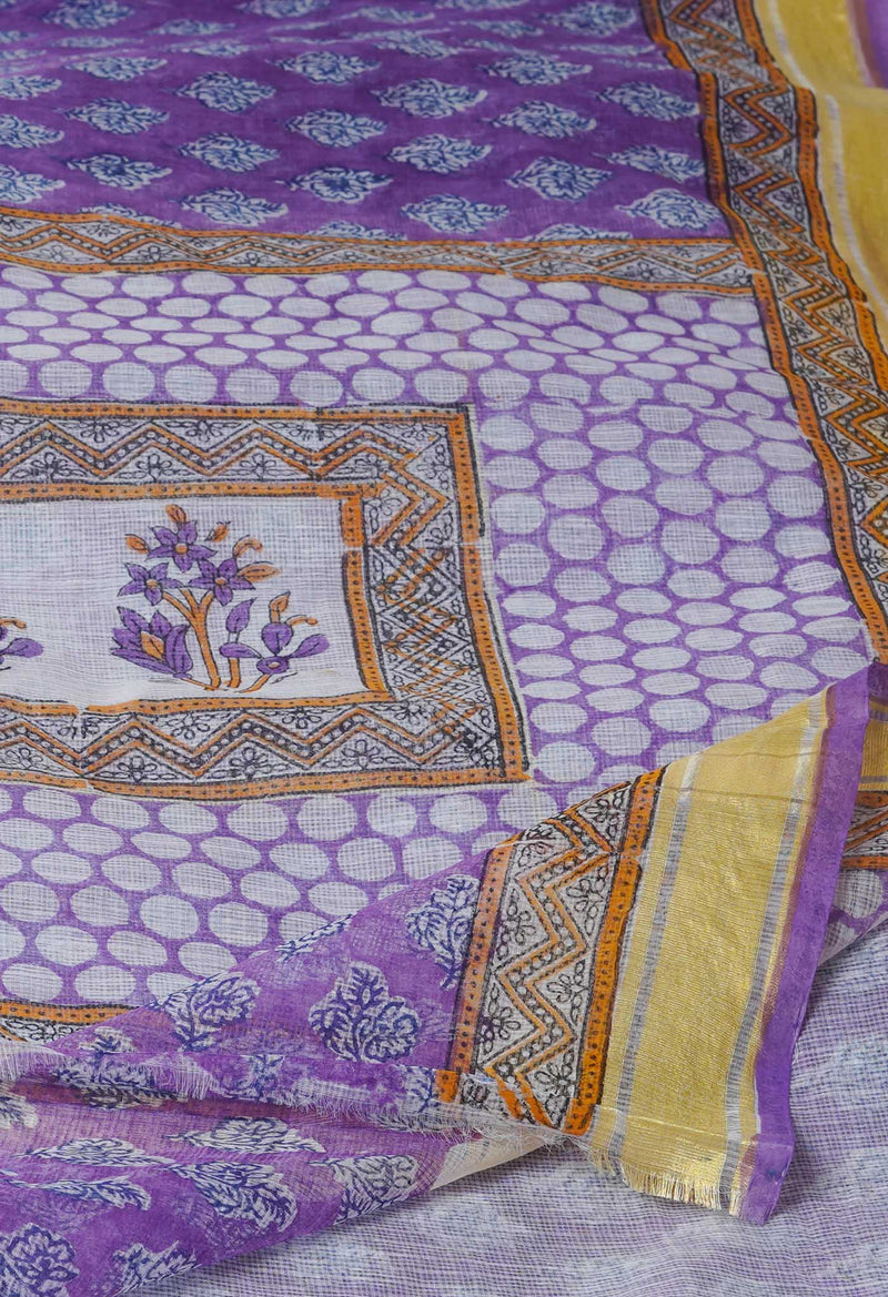 Purple Pure Block Printed Kota Cotton Saree-UNM71546