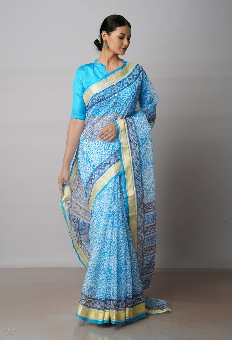 Blue Pure Block Printed Kota Cotton Saree-UNM71547