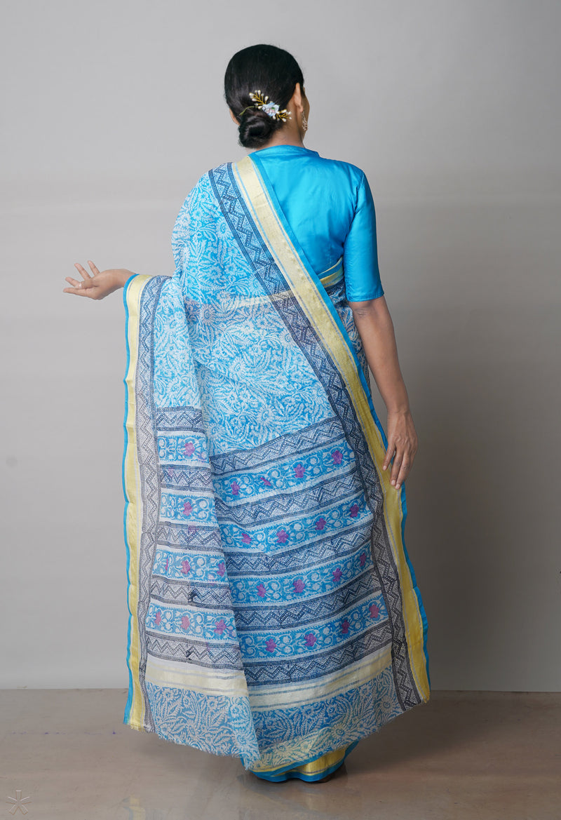 Blue Pure Block Printed Kota Cotton Saree-UNM71547