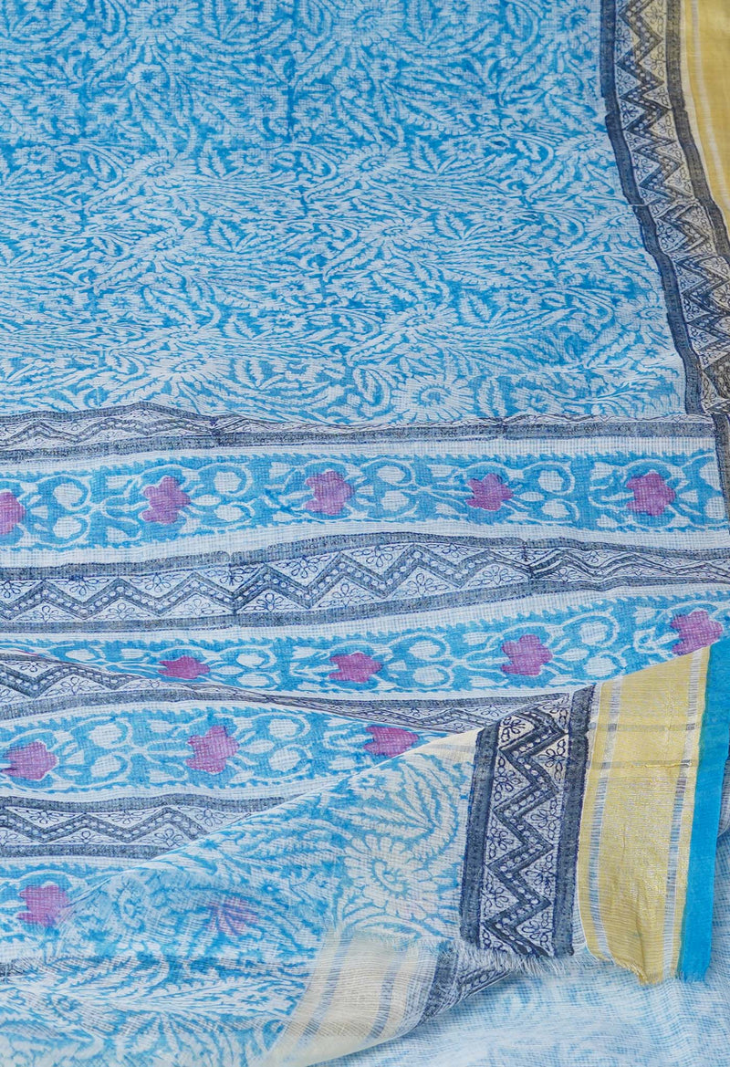 Blue Pure Block Printed Kota Cotton Saree-UNM71547